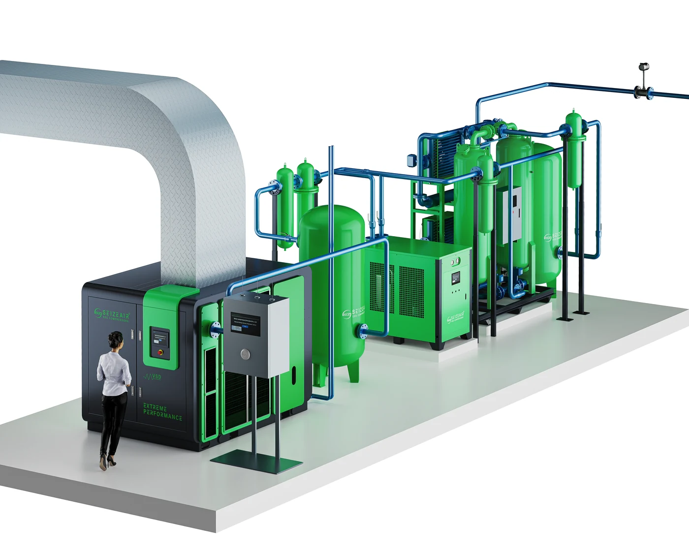 Compressed air station with receivers and distribution piping