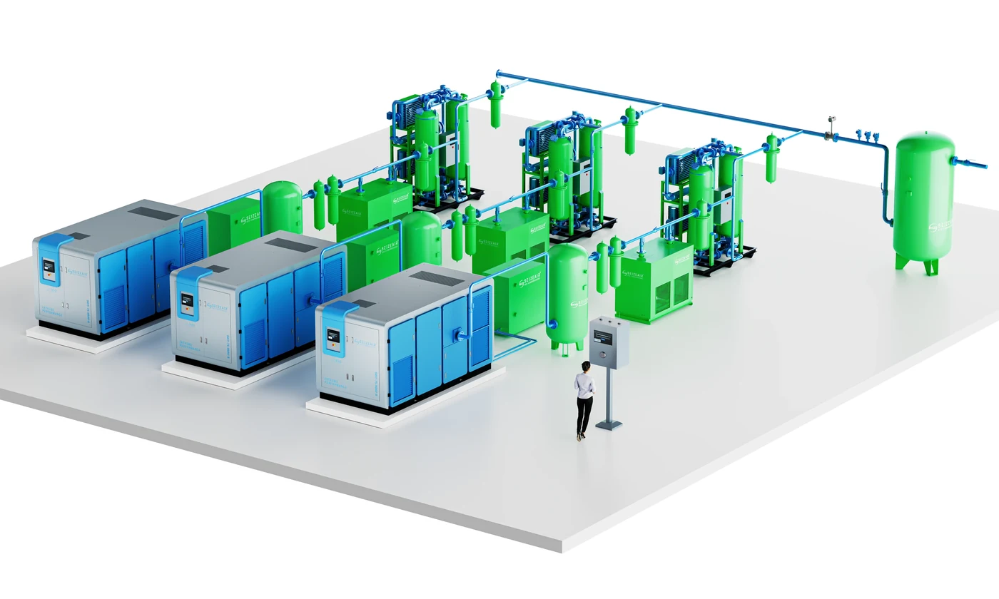 Compressed air treatment train with dryers and filtration
